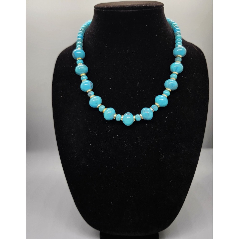 Graduated Beaded Necklace 18" Turquoise Blue Gold Tone Fashion Jewelry